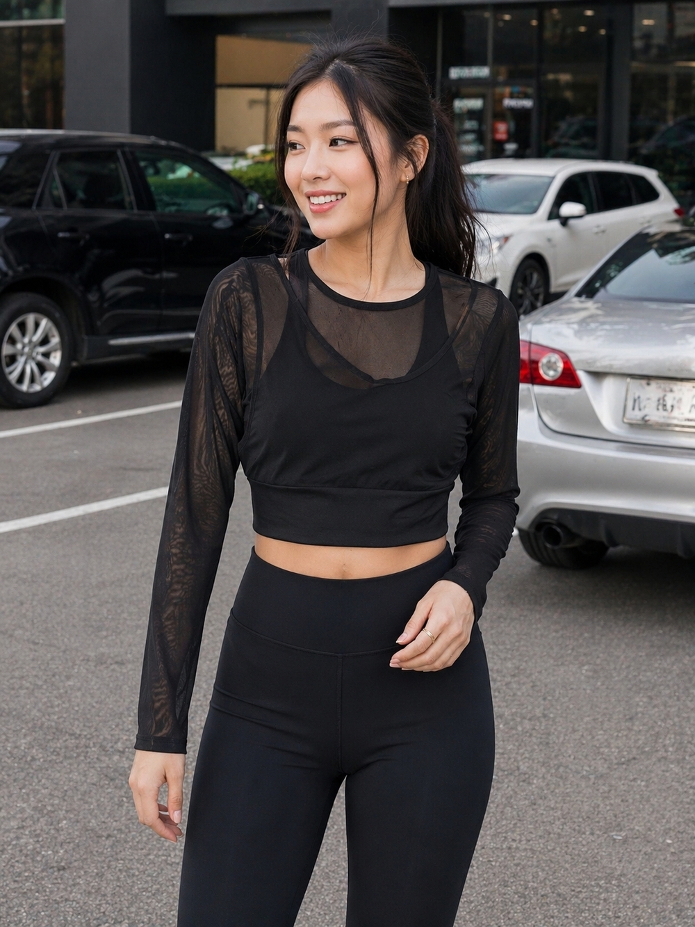 Black Mesh Long-Sleeve Crop Top
